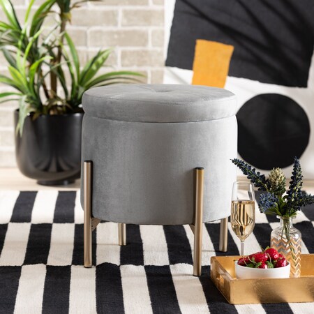 Baxton Studio Malina Contemporary Glam and Luxe Grey Velvet Upholstered and Gold Finished Metal Storage Ottoman 197-12218-ZORO